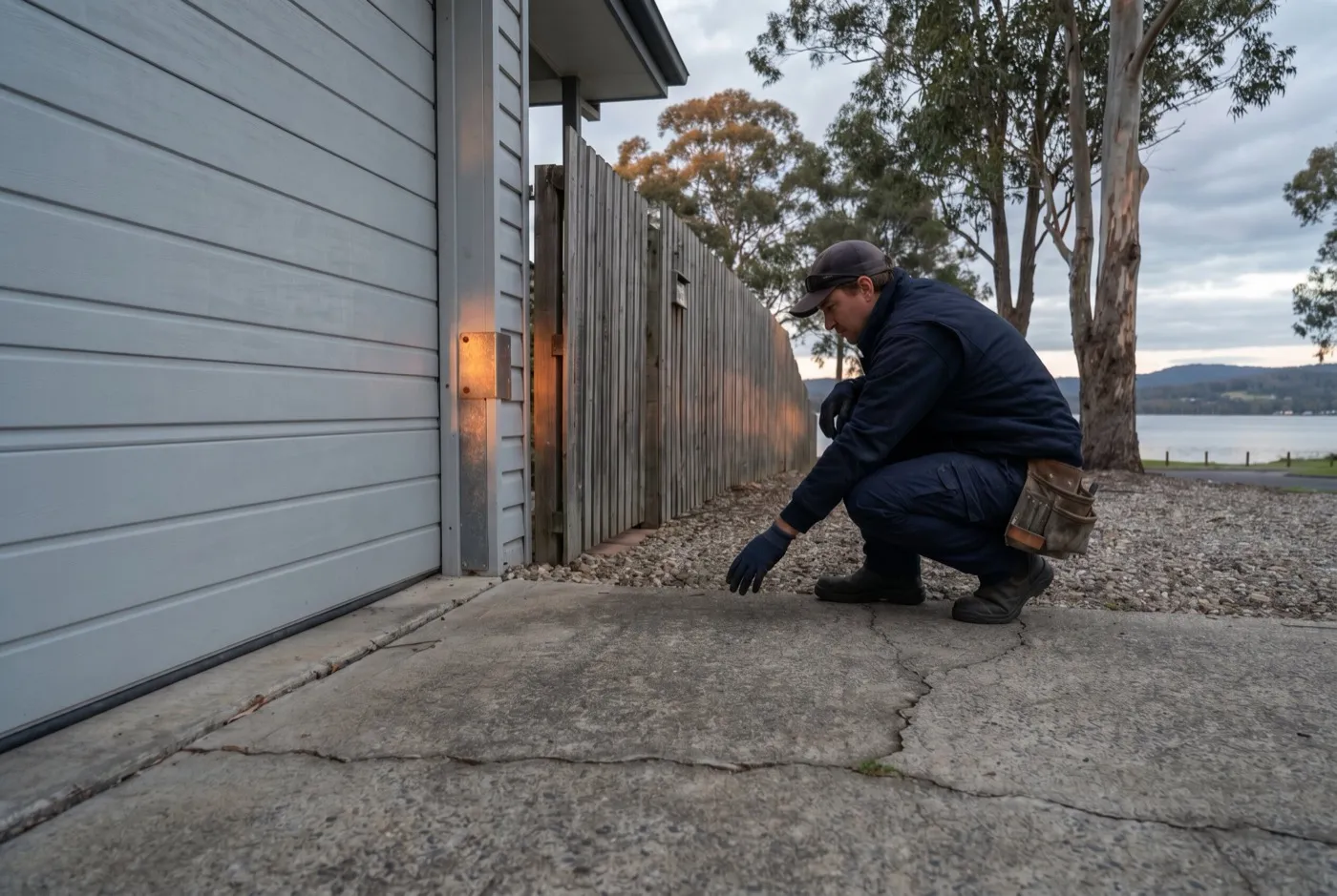 A technician crouched at the bottom corner of a sectional garage door, checking the bottom seal, with the lake behind