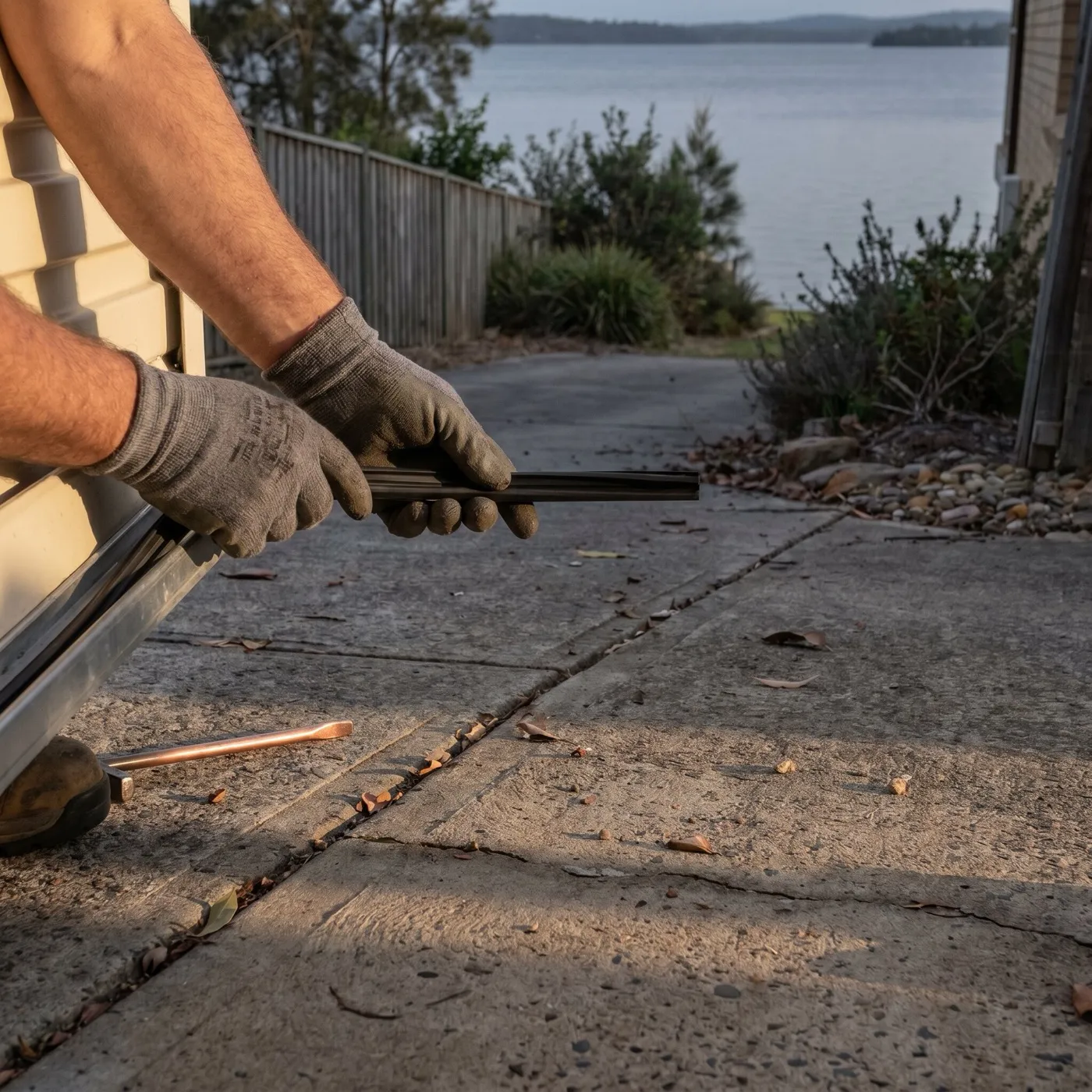 Gloved hands fitting a new rubber bottom seal along a garage door&rsquo;s bottom rail